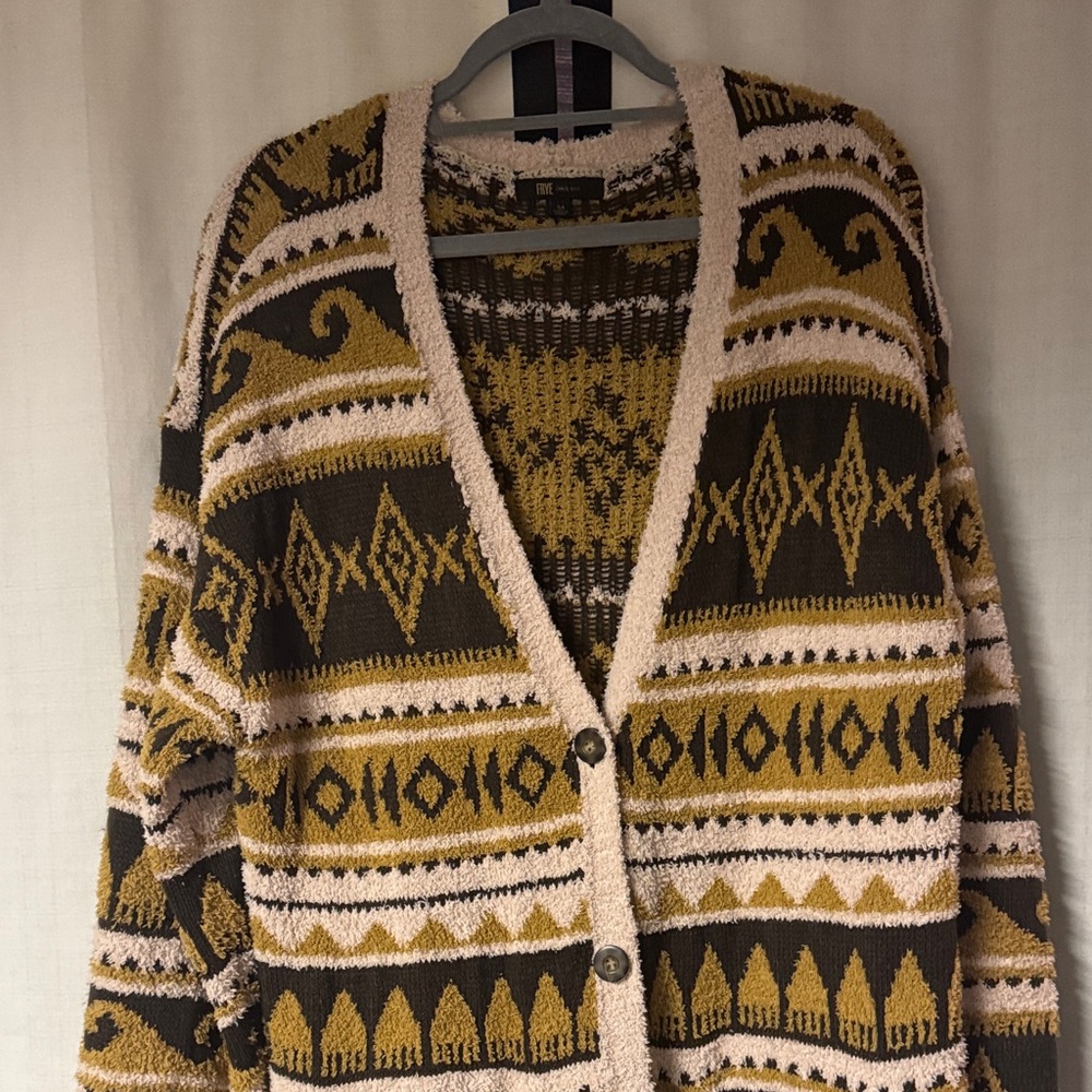 Frye-M-Black and Brown Cardigan Sweater V-Neck Nordic Pattern. - Picture 7 of 7